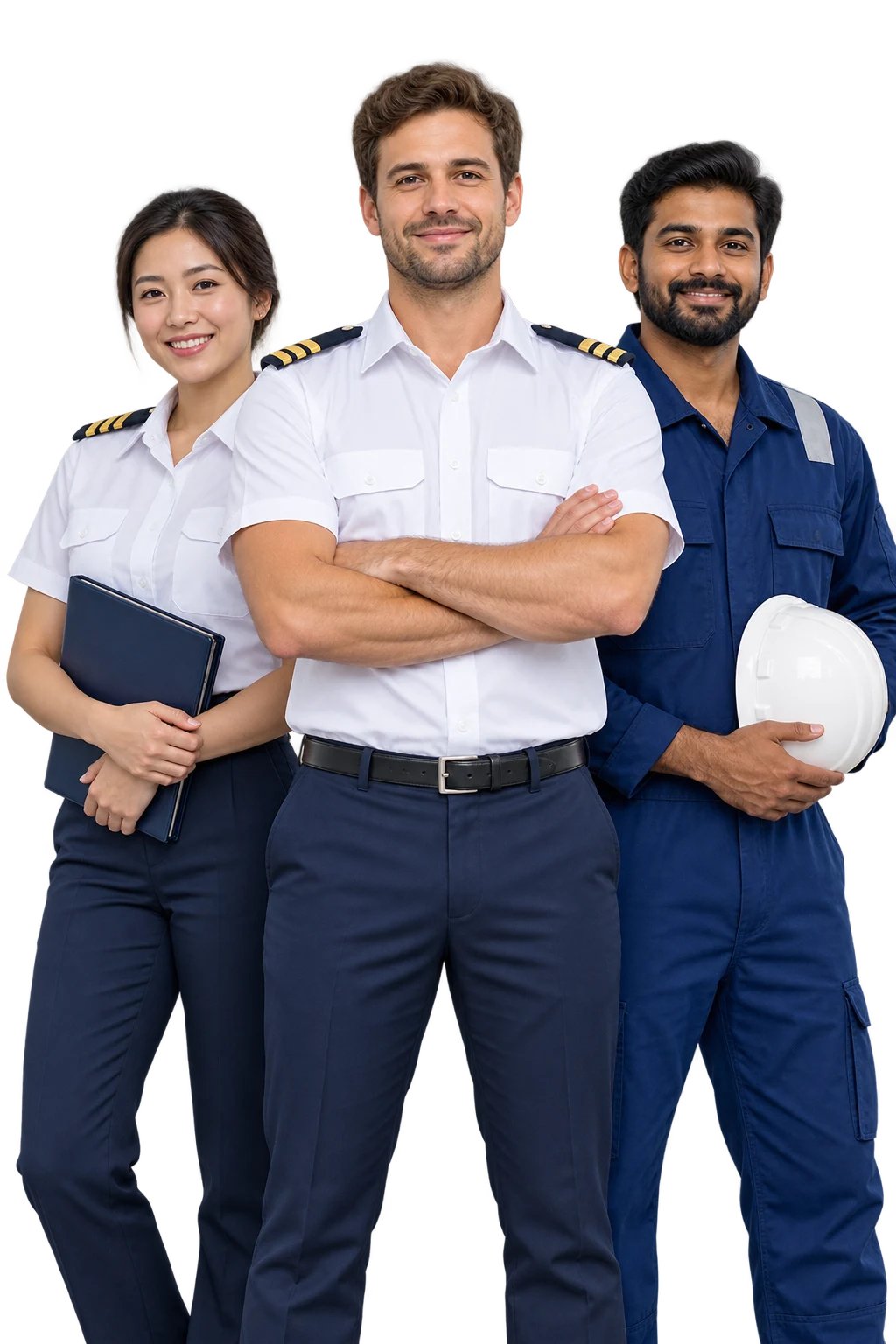 Three seafarers in officer uniforms and engineering coveralls